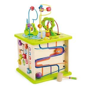 Hape Cube d'Activité Bébé en Bois - Centre d'Activité Bébé 1 an - 5 Faces d'Activités - Animaux, Formes, Labyrinthe, Balles en Bois, Jeu de Tri, Roue, Alignement - Éveil, Motricité & Logique
